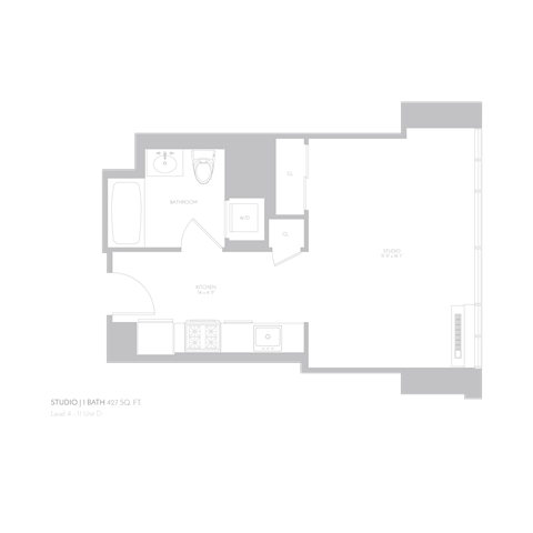 Floor plan for studio, 1 bath, 427 sqft